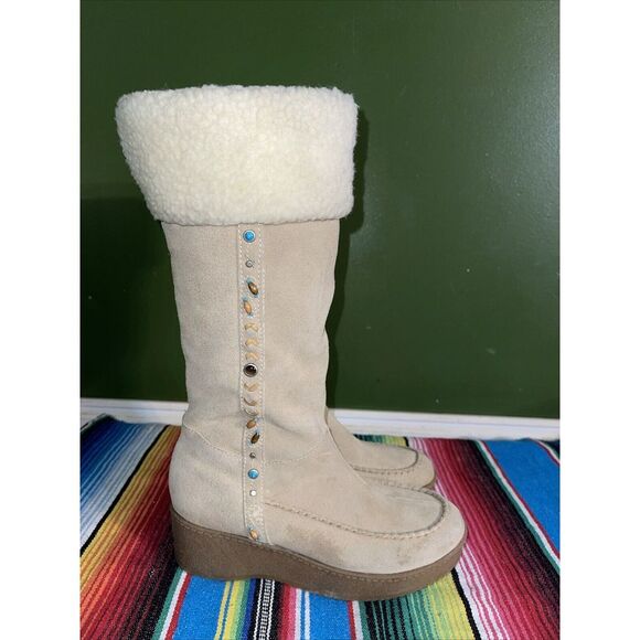 Steve Madden Boots Women 7.5 Beige Seminole Suede Y2K Turquoise Beads Studs - Picture 13 of 13